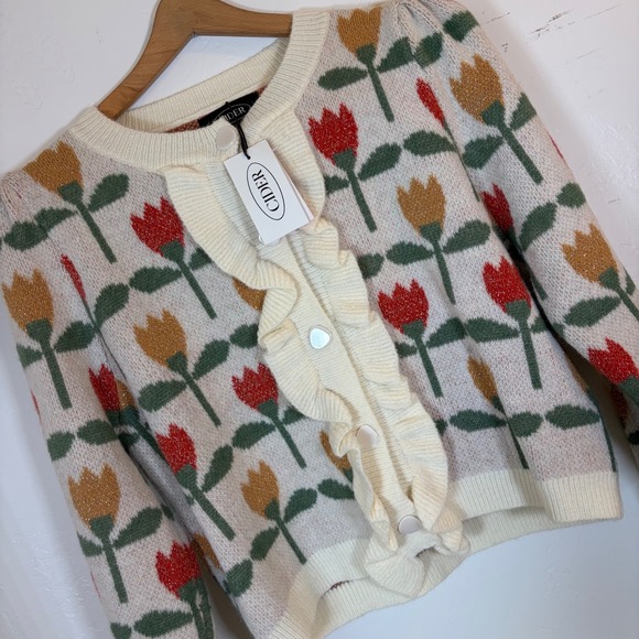 Cider Sweaters - New- Cider Womens Small Jacquard Tulip Floral Ruffle Knit Cardigan Sweater Ivory